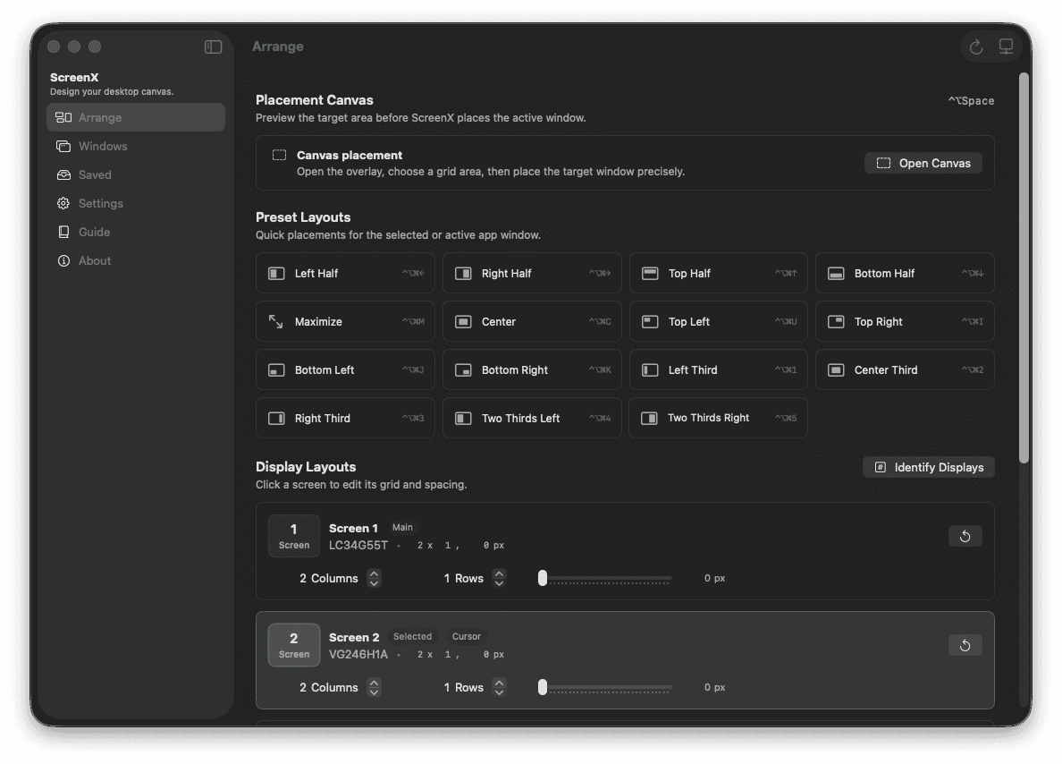 ScreenX Arrange screen showing preset layouts, display profiles, and custom grid controls.