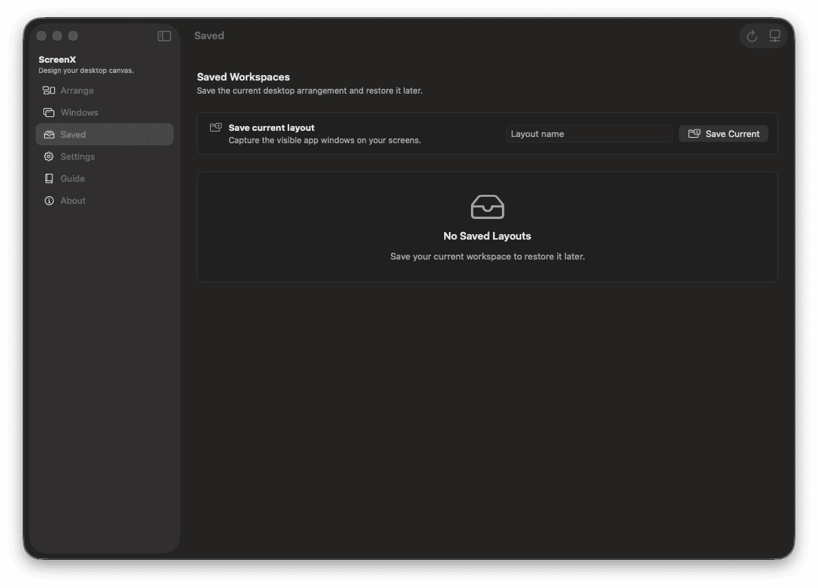 ScreenX Saved screen showing workspace capture and restore controls.