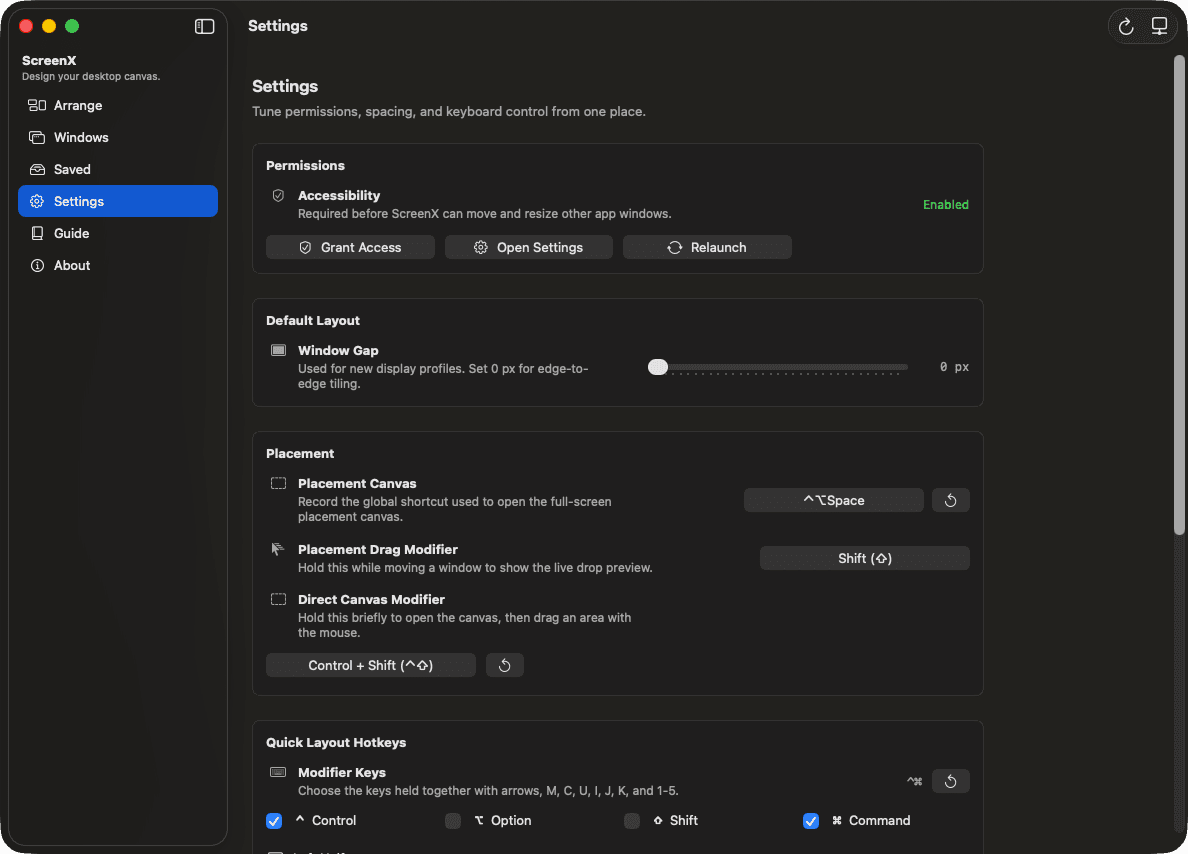 ScreenX Settings screen showing accessibility status, window gap, hotkey, and modifier options.